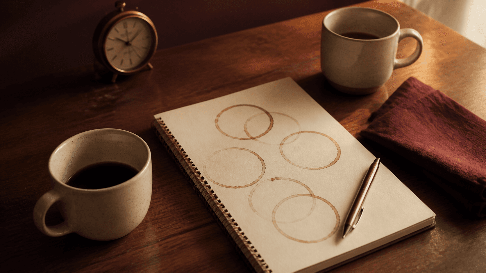 Una libreta con círculos repetidos de café, dos tazas separadas, un reloj y una servilleta borgoña sobre una mesa cálida.