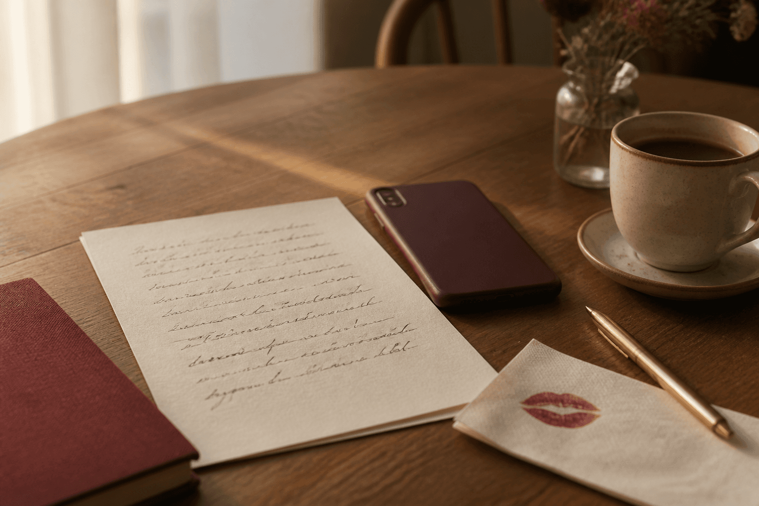 Un teléfono boca abajo, una hoja con escritura ilegible, una taza de café, una servilleta con marca de labial y un bolígrafo dorado sobre una mesa cálida.