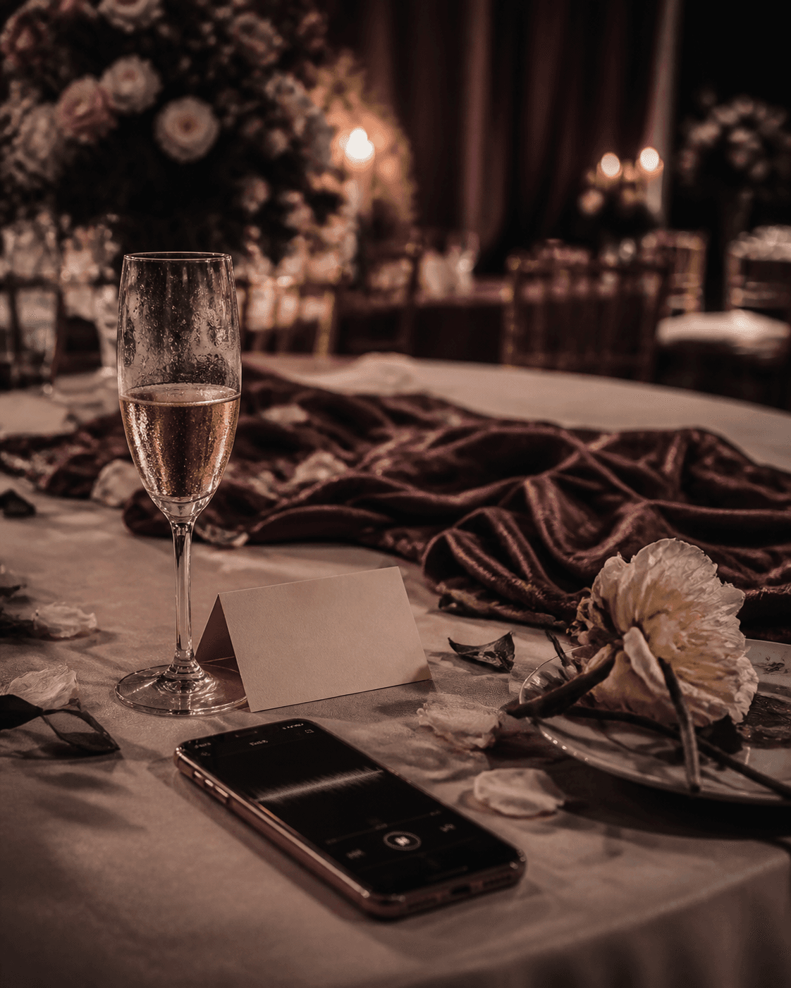 Mesa de boda vacía con una copa, una flor marchita y un teléfono con un audio sin texto legible.